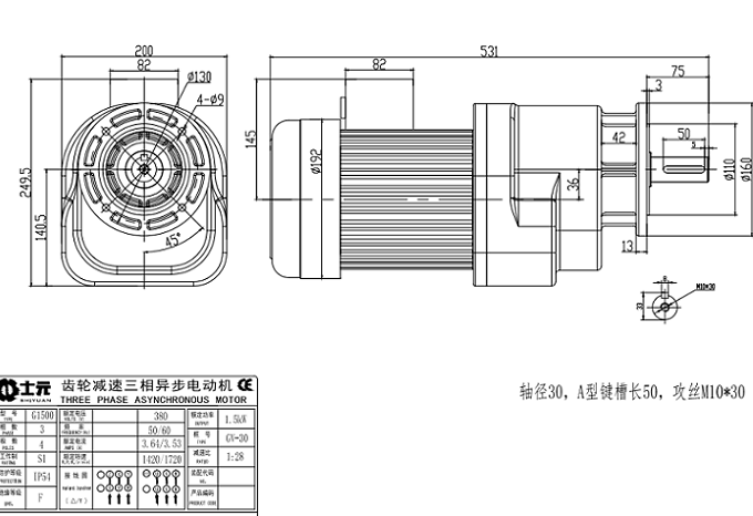 臺灣士元吊扇電機GV30-1500-28S減速機尺寸圖